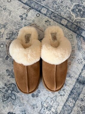 UGG Chestnut Suede Mule Slippers with Cream Shearling Trim